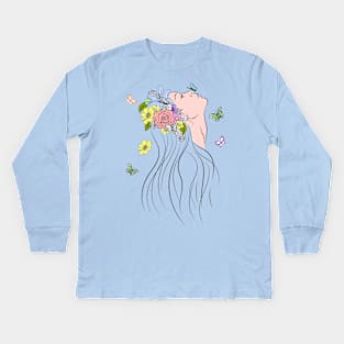 Woman with Spring Flowers and Butterflies Kids Long Sleeve T-Shirt